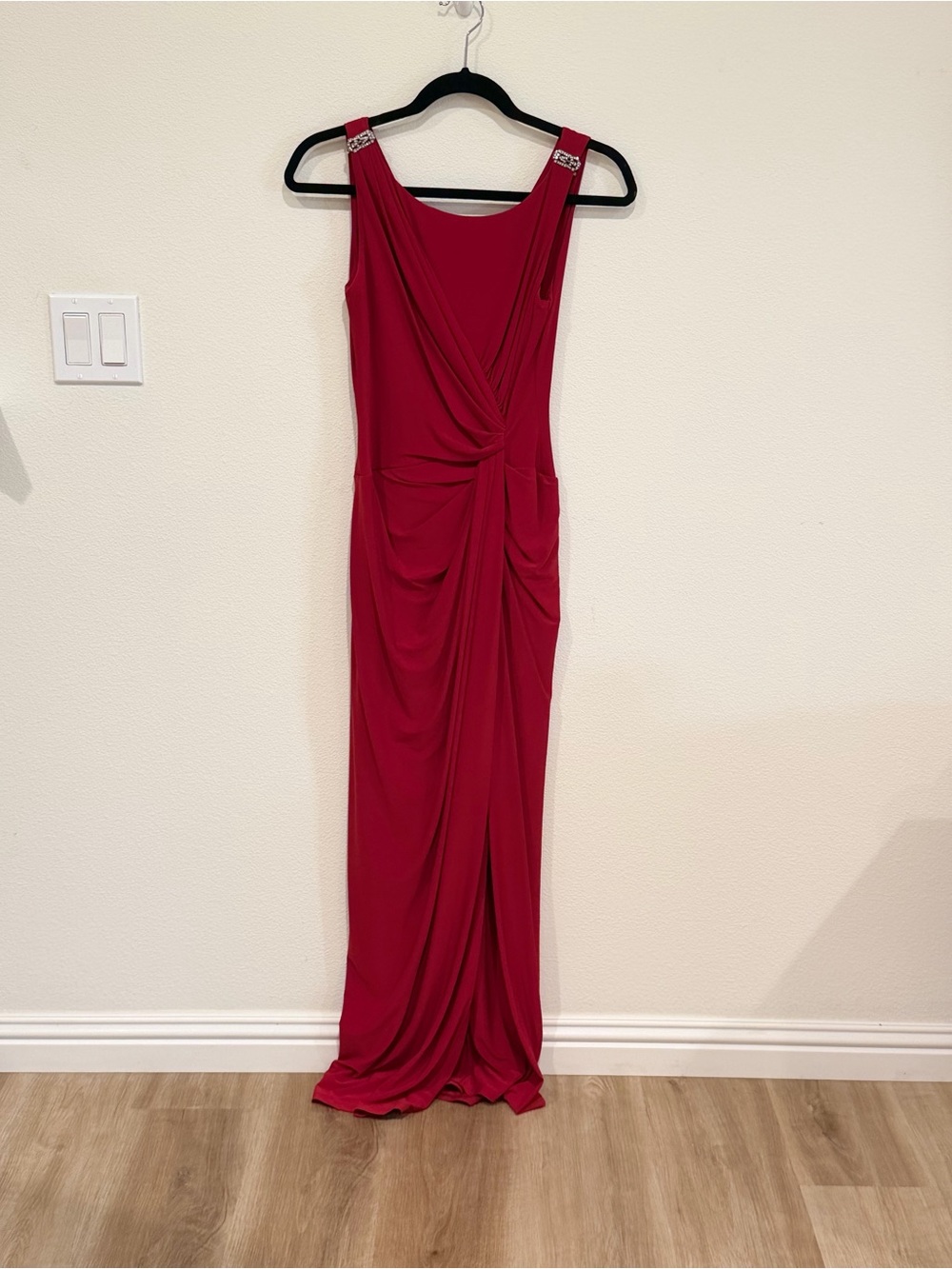 Ralph Lauren Red Sleeveless Draped Maxi Gown with Embellished Straps